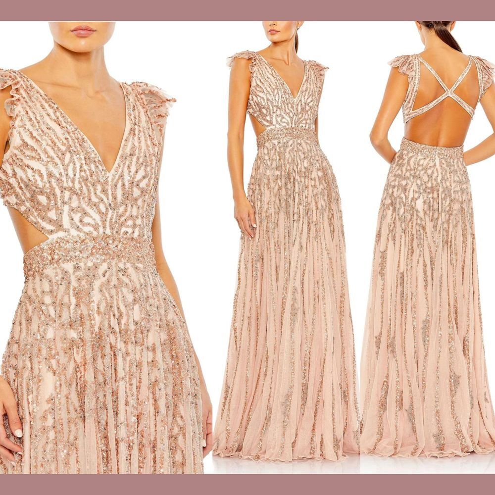 NWT $698 Mac Duggal [ 0 ]‎ Sequin Flutter Cap Sleeve Cut out A line Apricot
